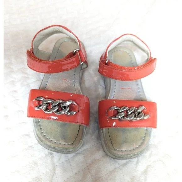 Prada Girls Orange Strappy Sandals Silver Metal Chain Designer 0261 Shoes 26 - Picture 2 of 9